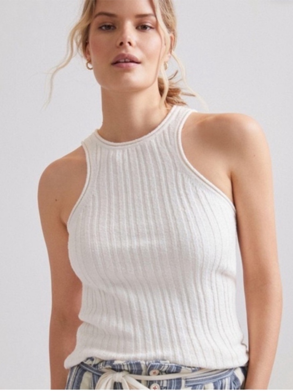 BY‎ ANTHROPOLOGIE CREAM MONTAUK RIBBED KNIT MINIMAL IVORY TANK TOP QUIET LUXURY